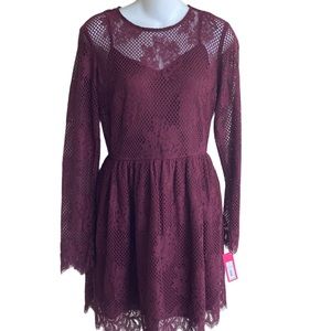 NWT Xhilaration Small Wine Berry Lace A-Line Dress Long Sheer Sleeves & Neckline